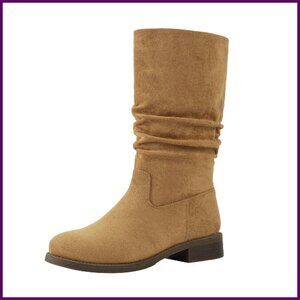 Slouchy Mid Calf Flat Boots Pull On Side Zip Faux Suede Comfortable